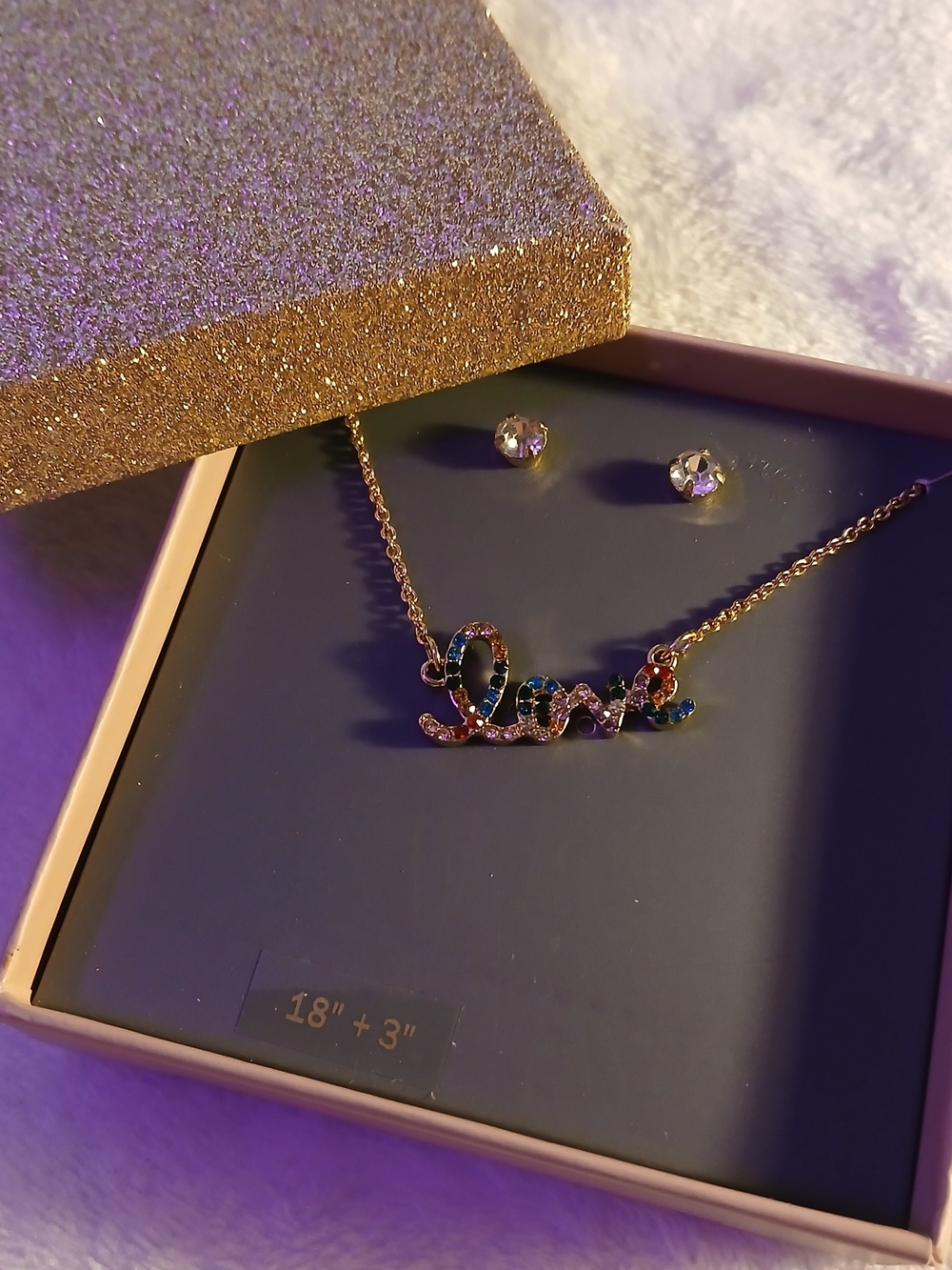 "Love" Script Rainbow Rhinestone Pendant Necklace + Stud Earrings NWT IN BOX